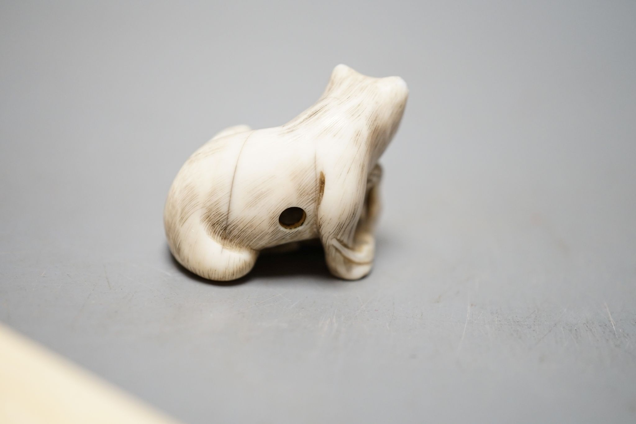 A 19th century ivory netsuke cat group and a Meij period ivory shibayama bezique marker, 9cm.